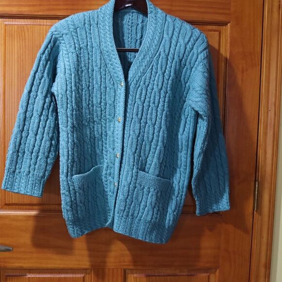 Vintage Heavy Cable Knit Chunky Gold-Button Cardigan Sweater Large Wool Blend - Picture 2 of 12